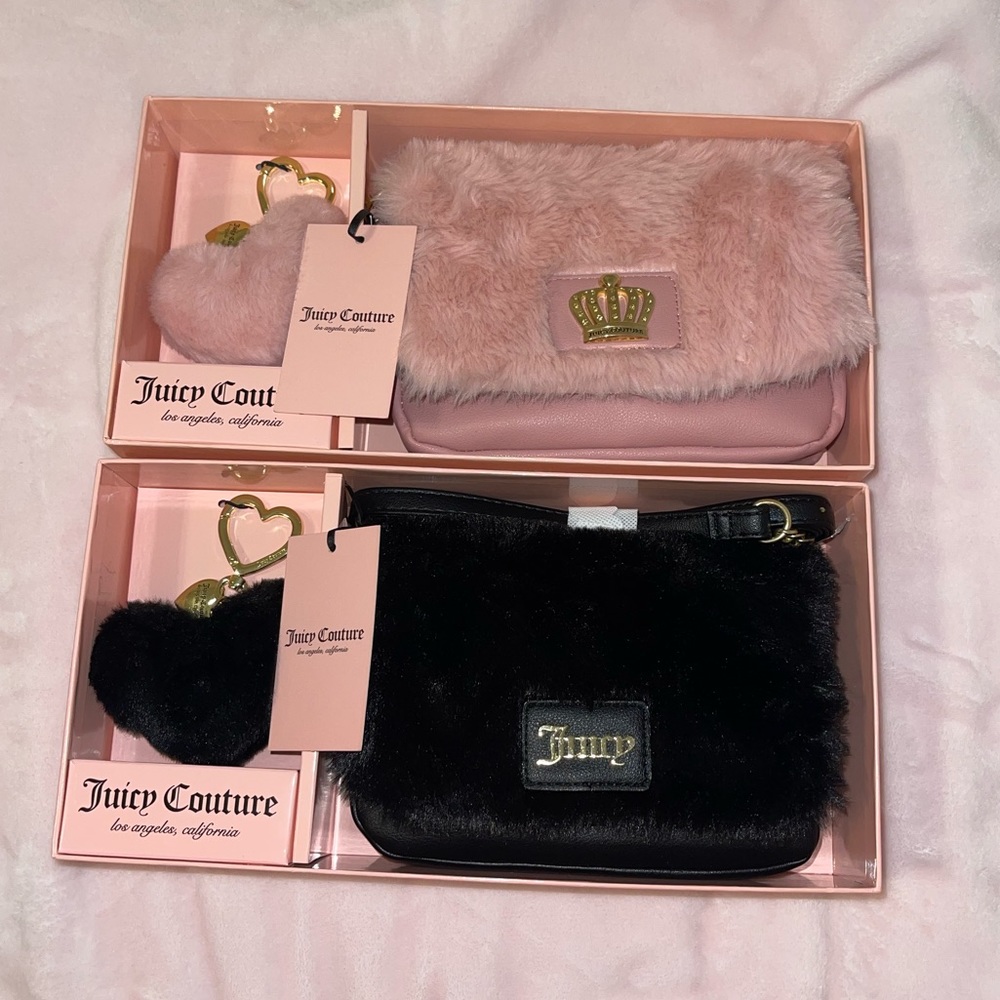 2 Rare Juicy Couture Faux Fur Crossbody Purse with Heart Poof Keychain